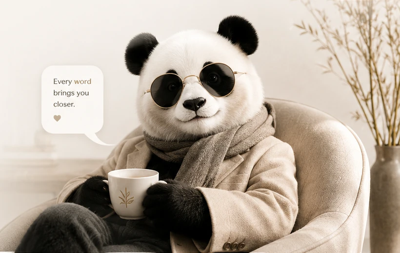 Panda, the Panda Lingo learning pet, wearing sunglasses, a coat, and a scarf while holding tea beside the words "Every word brings you closer."